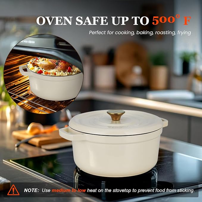Overmont Enameled Cast Iron Dutch Oven - 5QT Pot with Lid Recipe Potholders | Pre-Seasoned Dutch Oven with Moisture-Sealing Lid, Oven Safe to 500°F, Heavy-Duty Cookware for Braising Stews Roasting Baking
