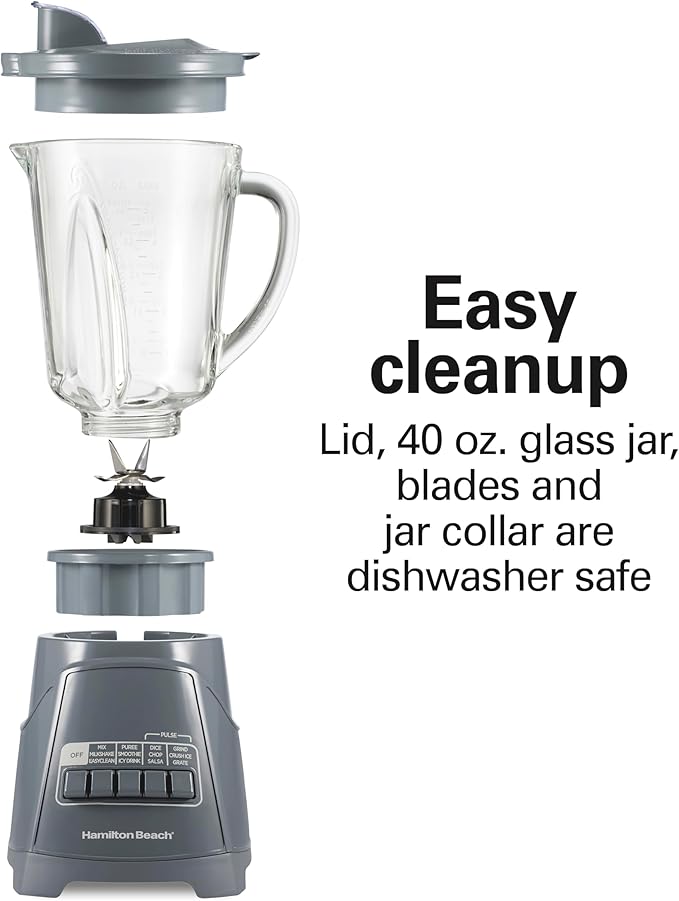Hamilton Beach Power Elite Blender For Smoothies With Wave Action System | 40 oz. Glass Jar | 12 Functions Including Puree, Crush Ice | 700 Watts | Grey | 58153J