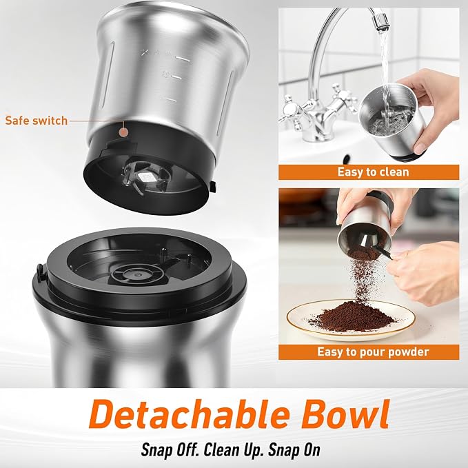 Secura Electric Coffee Grinder and Spice Grinder with 2 Stainless Steel Blades Removable Bowl | 2 Stainless Steel Blades Removable Bowls, For Spice, Coffee Bean, Dry and Wet Ingredients Grinding