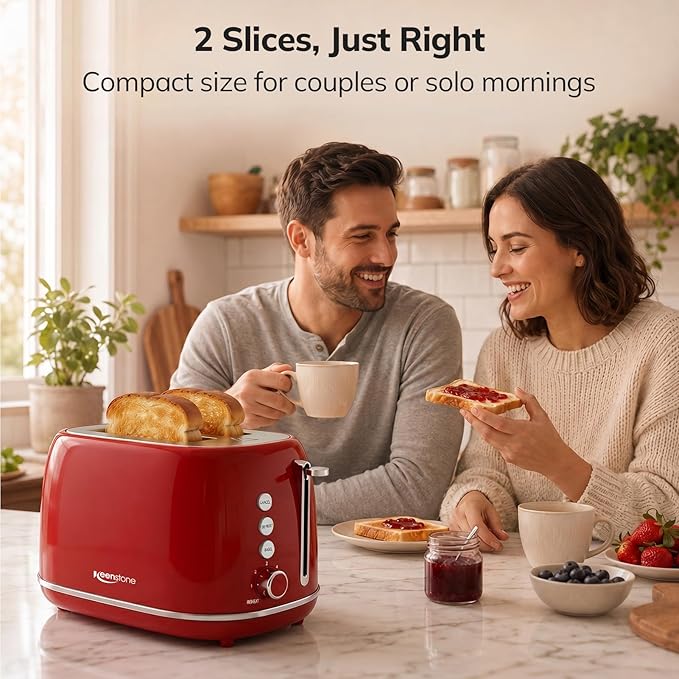 2 Slice Stainless Steel Toaster Retro with 6 Bread Shade Settings, Bagel, Cancel, Defrost Function, Extra Wide Slot, Removable Crumb Tray, Red
