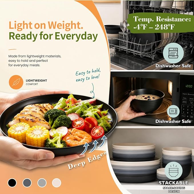 Kitchen Plates and Bowls Sets 40PCS,Wheat Straw Dinnerware Sets for 8 | Unbreakable Plates Bowls and Cups Set, Side Dishes, Microwave & Dishwasher Safe Dishware Sets, RV dishes Set, Black & Gray