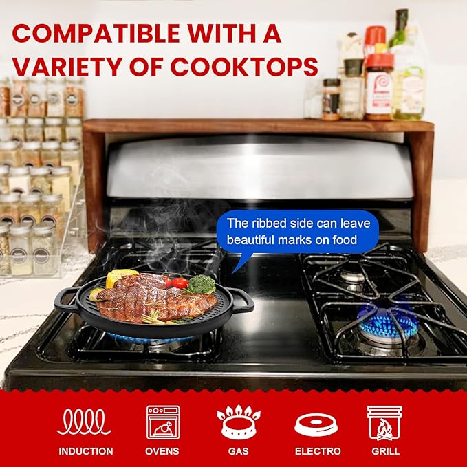 GGC Reversible Cast Iron Griddle for Stove Top, 12" Round Griddle Pan | Double Sided Griddle Plate Perfect for Gas Grills and Outdoor Cooking, Baking Flat and Ribbed Grill Griddle