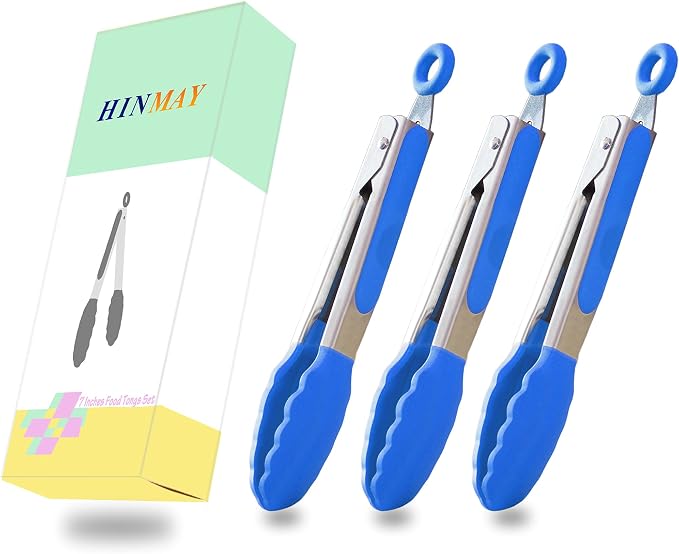 HINMAY Small Tongs with Silicone Tips 7-Inch Serving Tongs, Set of 3 (Blue)