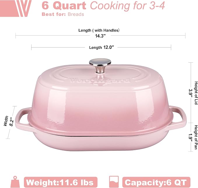 Enameled Cast Iron Dutch Oven Pot with Dome Lid, Oval Bread Oven for Homemade Sourdough Bread Baking, Oven Safe up to 500°F, 6 Quart, Pink