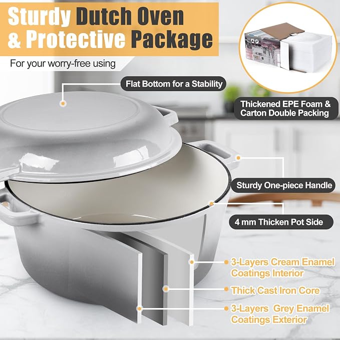 P&P CHEF 2 In 1 Gray Dutch Oven Pot with Lid for Bread Baking, 5Qt | Cast Iron Bread Dutch Oven, Skillet & Pot for Roasting Braising Stewing Frying Simmering, Multi Stoves & Oven Safe