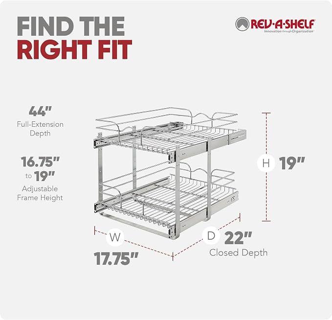 Rev-A-Shelf Pullout Organizer for Cabinets, Min Opening Width of 18" | STwo-Tier Steel Shelf for Kitchen or Vanity Cabinet Organization, Heavy Gauge Wire Slide Out Storage Basket, 5WB2-1822CR-1