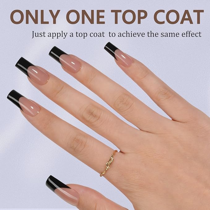 Misssix 240Pcs Black French Tip Press on Nail Long Square Gel Fake Nails | No Need to File 3 in 1 French Gel Nail Tips Pre-lasting, Fake Nails for Nail Art DIY 15 Sizes