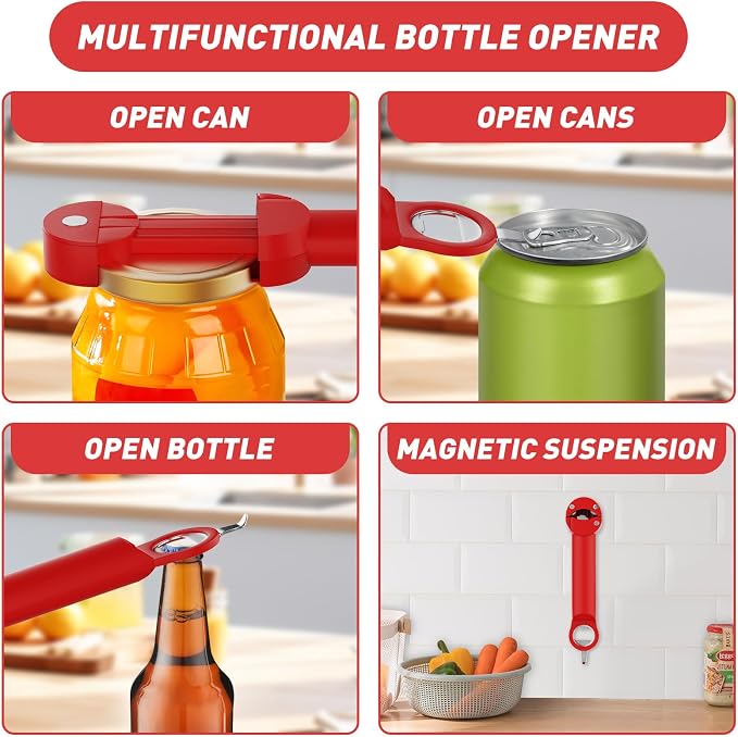 Jar Opener Bottle Opener for Seniors with Arthritis, Multi Retractable Magnetic Can Opener, Jar Grippers for Opening Jars, Kitchen Gadgets for Weak Hands and Senior Arthritis (Red)