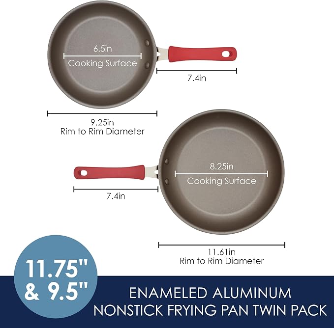 Rachael Ray Cook + Create Nonstick Frying Pans/Skillet Set, 9.5 Inch and 11.75 Inch, Red