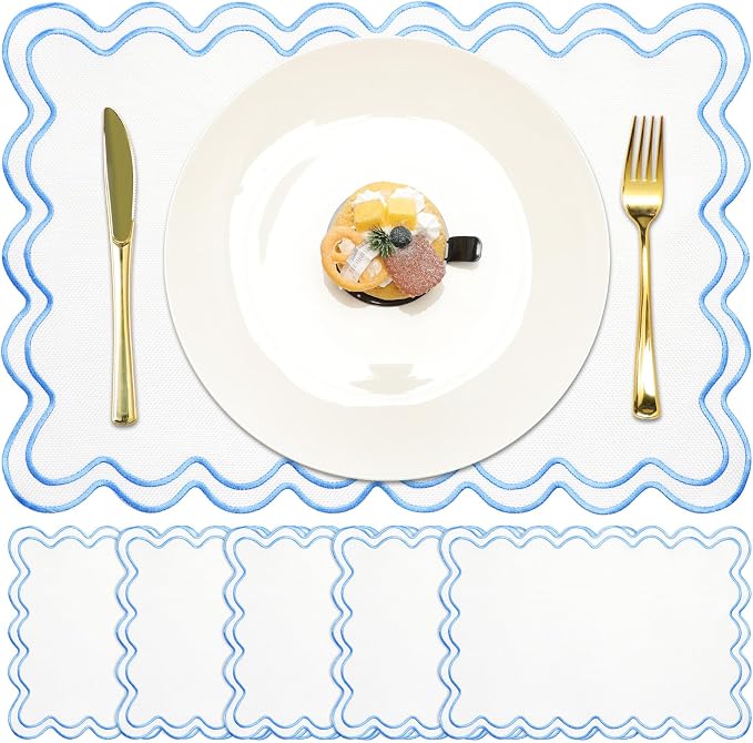HunnmingRe White with Blue Set of 6 Cotton Linen Wedding Placemats, 13x19 Inch Scalloped Wavy Embroidery Placemat Double Layered Washable Rustic Rectangle Dinner Table Mat for Home Decor