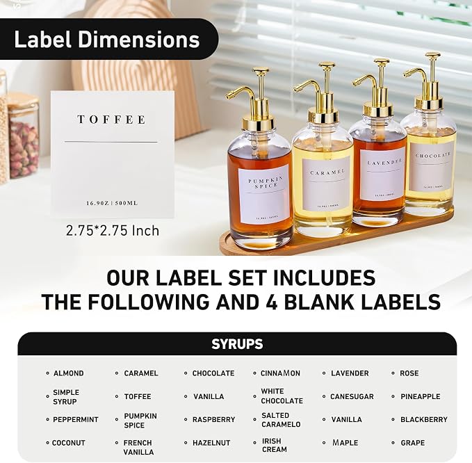 Coffee Syrup Dispenser for Coffee Bar with Gold Upgraded Pump, 4 Pack | Coffee Syrup Pump Dispenser, Glass Syrup Bottle 16.9 oz 500 ml Syrup Dispensers, 28 Labels and Large Bamboo Tray