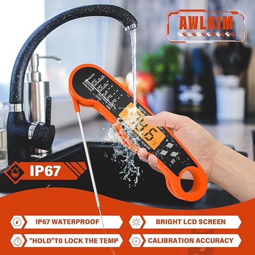 AWLKIM Meat Thermometer Digital, Instant Read Food Thermometer, Orange | Waterproof cooking thermometer with doneness chart, backlight, F/C switch for BBQ, candy, oil