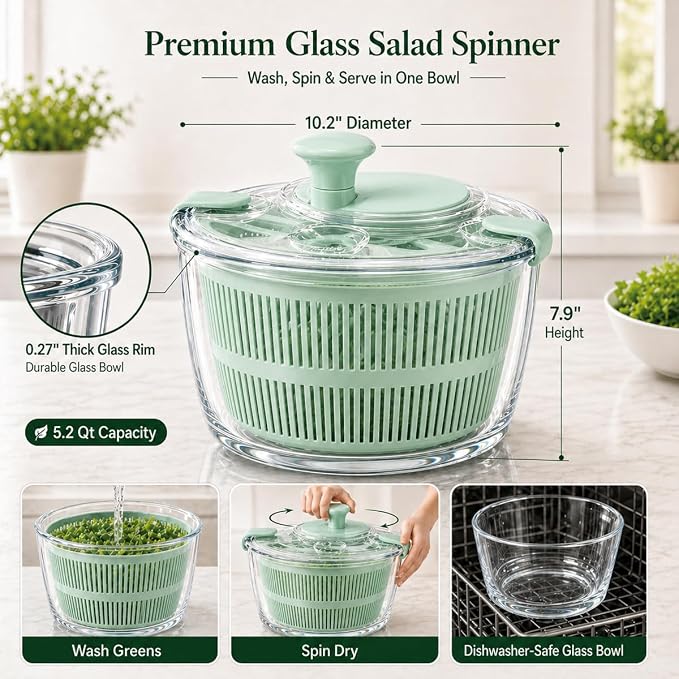 Large 5.2 Qt Glass Salad Spinner with Drain, Green | Microwave- and Dishwasher-Safe Glass Bowl, Transparent Lid, Crank Handle, Quick-Spin Salad Cleaner for Lettuce, Herbs & Fruit