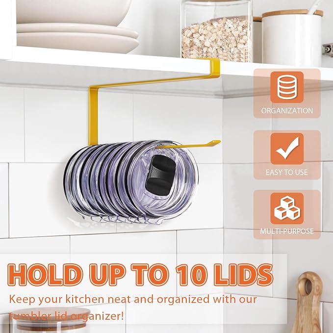 Tumbler Lid Organizer, Versatile Tumbler Lid Storage Holds 10 Lids, Gold | Space Saving Cup Lid Organizers Inside Cabinet Tumbler Lid Hook for Kitchen Organizer and Storage, Paper Towel Rack Hanger
