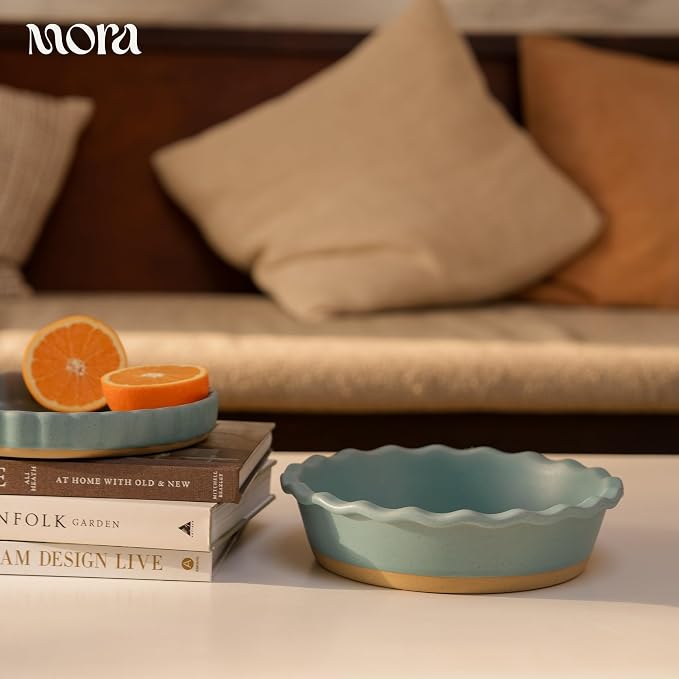 MORA Ceramic Pie Pan for Baking - 9 inch - Deep and Fluted Pie Dish for Old Fashion Apple Pie, Quiche, Pot Pies, Tart, etc - Modern Farmhouse Style Porcelain Ceramic Pie Plate - Iris