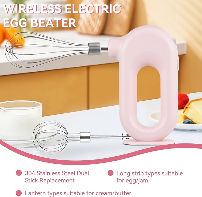 4 Speed Electric Hand Mixer, Mini 4 Speed Adjustable Cordless USB Rechargeable Electric Whisk Hand Mixer Portable Handheld Mixer 1500mAh Egg Beater (Pink)