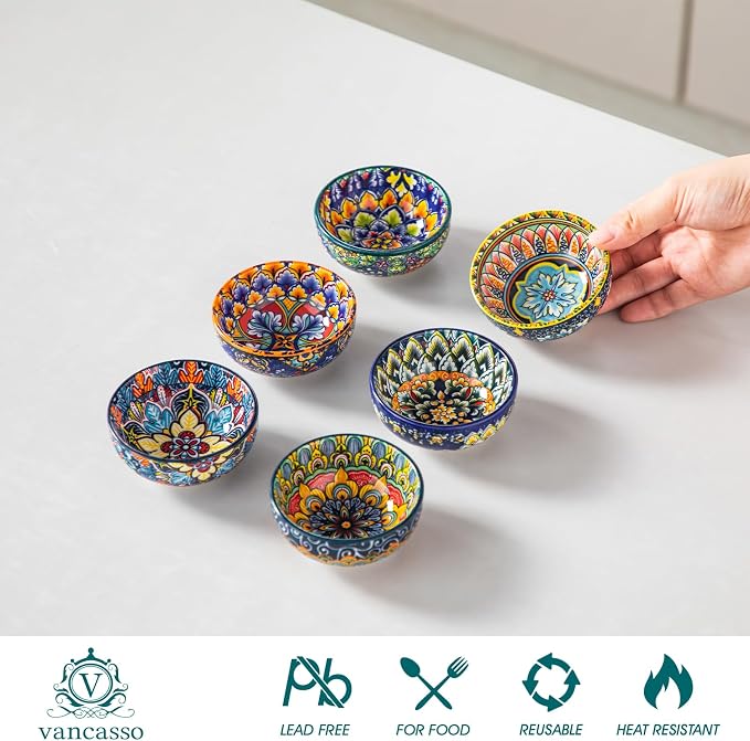 vancasso SIMI 2.7 Oz Ceramic Dipping Bowls Set of 6, Bohemian Sauce Bowls | For Soy Sauce, Sushi, Dips, and Condiments, Microwave and Dishwasher Safe, 3 Inch Mini Dishes, Bohemian Design
