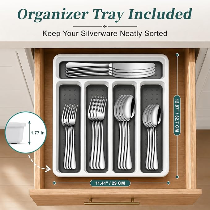 45-Piece Silverware Set with Organizer, Stainless Steel Flatware Set for 8 | Mirror Polished, Includes Forks, Knives, Spoons & Serving Utensils, Cutlery Utensils Set for Home Wedding & Housewarming