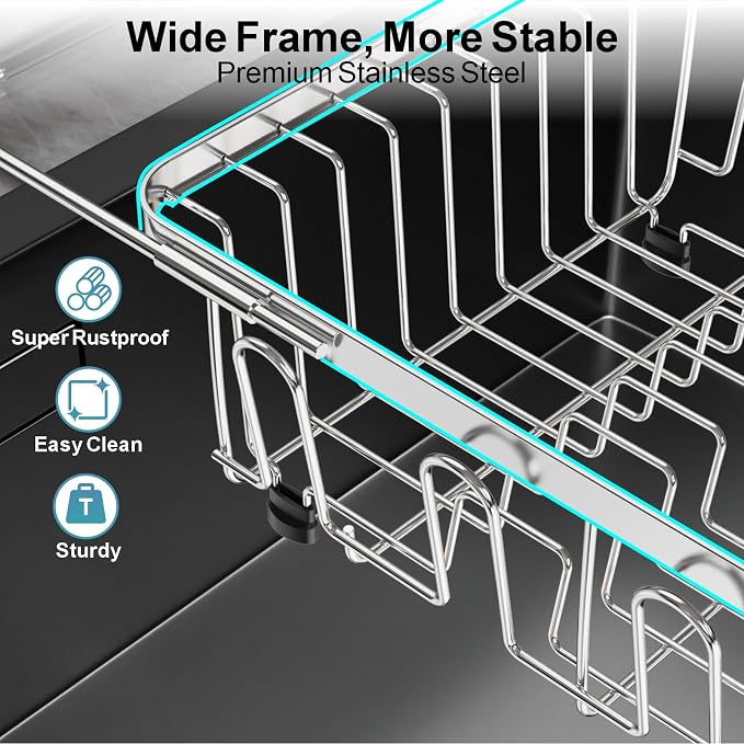Dish Drying Rack Over the Sink - Expandable Stainless Steel Drainer | Twist-Lock Adjustable Handle, Cup Hooks, Utensil Holder, Compact Design for Apartments, RVs & Small Kitchens, Rust-Resistant