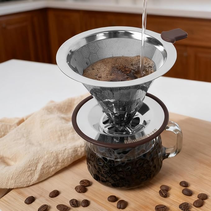 Pour Over Coffee Maker, Reusable Stainless Steel Filter | Easy to Clean, No Paper Waste. BPA-Free, Plastic-Free Coffee Filter. Eco-Friendly, Reusable, 1-2 Cup Size