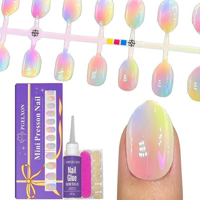 24pcs Press on Nails for Kids, Chorme Ombre Design for Teenager Girls 8-12 | Almond Kids Press on Nails, 12 Size, Non-Toxic, Fashion Nail Kit with Adhesive Tabs, Nail File for Christmas, Birthday, Party