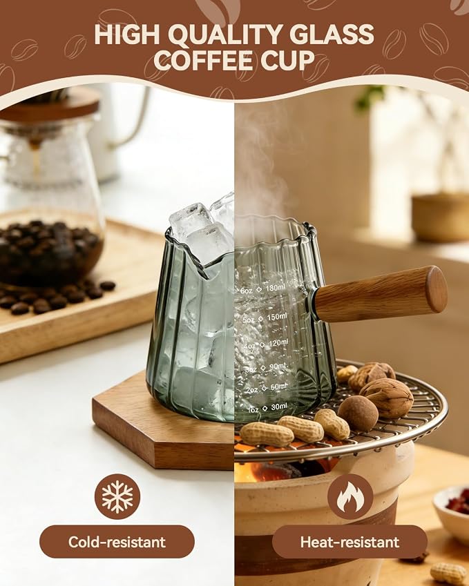 2 PCS Espresso Measuring Cup 6 Oz, Espresso Glass Cups with Wood Handle, Milk Frothing Cup, Espresso Cup for Coffee, Milk, Tea or Maple Syrup Serving (Grey)