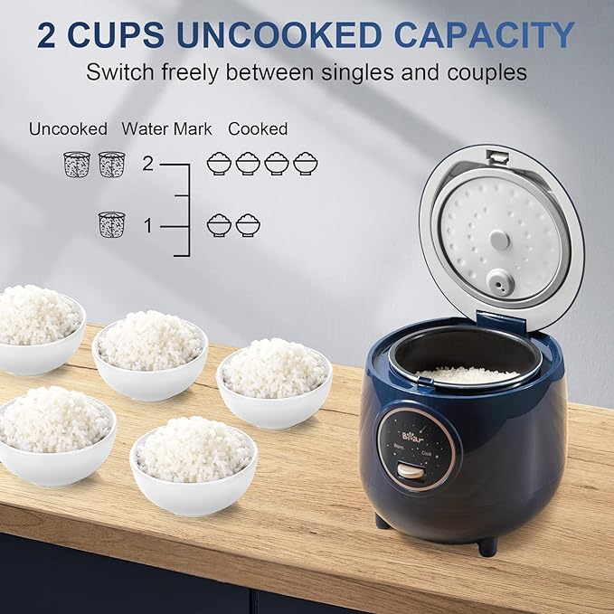 Bear Mini Rice Cooker, 2-Cup Uncooked, Nonstick, Keep Warm, BPA Free, Blue | Portable 1.2L nonstick small rice cooker for travel, dorm, single serve, One-touch operation, Removable pot, Auto keep warm