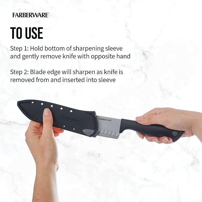 Farberware EdgeKeeper 5 Inch Santoku Knife with Self-Sharpening Blade Cover, High-Carbon Stainless Steel Blade with Oval Indentations, Ergonomic Handle