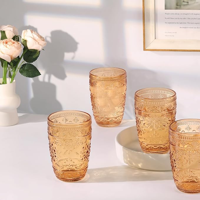 abrwyy Amber Drinking Glasses, Amber Glassware, 14oz Vintage Water Glasses | Lead-Free Glass, Thick&Durable Glass, Home Decoration, Vintage Drinking Glasses Set of 6