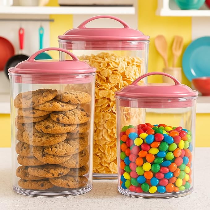 Reston lloyd Food Storage Containers, BPA Free Airtight Canisters for Cereal, Pasta, Sugar, Coffee, Flour, Cookies, Loose Tea, for Kitchen Organization, Set of 3, Pink