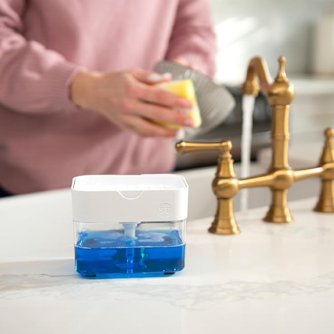 S&T INC. Dish Soap Dispenser and Sponge Holder, Matte White | Holds 13 Fluid Ounces, Sponge Included, Anti-Slid Feet, Push to Dispense Perfect Amount of Dish Soap