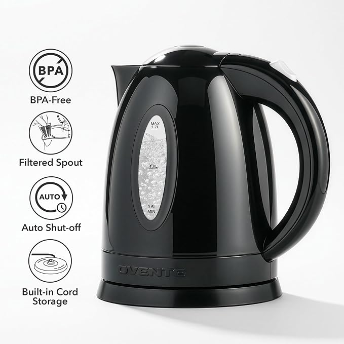 OVENTE 1.7L Electric Kettle with 1100W Fast Boiling Water, Black KP72B | Best For Coffee or Tea, BPA-Free, Water Level Gauge, Auto Shut-Off, Indicator Light, Boil-Dry Protection & Removable Filter