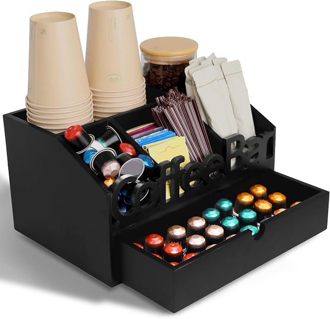 Coffee Bar Organizer Countertop, Wooden Coffee Station with Black Drawer | Coffee Pods, Tea Bags, Creamers & Condiments