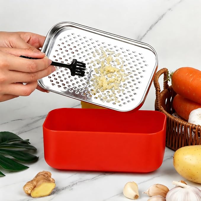 Cheese Grater with Storage Container, Box Grater Stainless Steel for Vegetables, Cheese Shredder 2 Sharp Blades for Fine & Coarse, Non-Slip Base, Lemon Zester, Includes Cleaning Brush(Red)