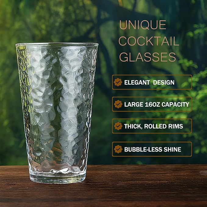 ALINK 16 oz Drinking Glasses, Set of 6 Hammered Glass Cups, Clear Heavy Base Stemmed Highball Water Glasses for Beer, Iced Coffee Cups, Cocktail Glasses, Wine, Iced Tea, Dishwasher Safe