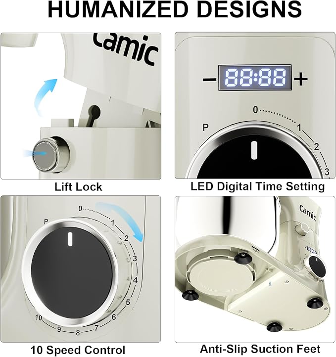 Camic Stand Mixer, 4.2QT+5.3QT Two bowls Electric Food Mixer, 10 Speeds with Digital setting 3-IN-1 Kitchen Mixer for Baking Cakes Cookie Bread Salad with Egg Whisk,Dough Hook,Flat Beater