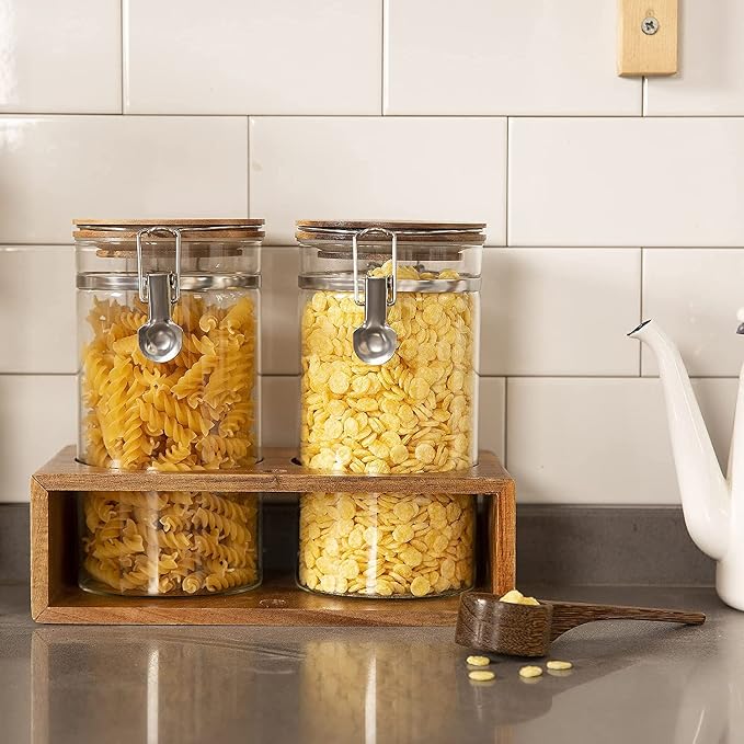 Coffee Canister with Shelf: 2P 45OZ Glass Airtight Coffee Holder | Large Capacity Coffee Container w/Acacia Scoop - Kitchen Food Storage Jar for Ground Coffee/Tea/Sugar/Cereal/Nuts/Coffee Bar