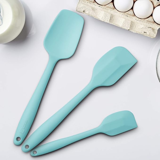 3-Piece Silicone Spatula Set, 600°F Heat Resistant, Aqua Sky | Stainless Steel Core, Silicone Rubber Spatulas for Nonstick Pans, Spatula, Spoonula and Mini Spatula for Cooking and Baking