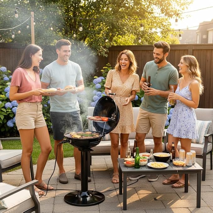 Electric Grill Outdoor, CUSIMAX Electric BBQ Grill, Portable BBQ with Lid | For Cookouts, BBQ Gatherings, Small Spaces, Adjustable Heat, Double Layer Design, Removable Stand Grill, Oil Collector, 1600W