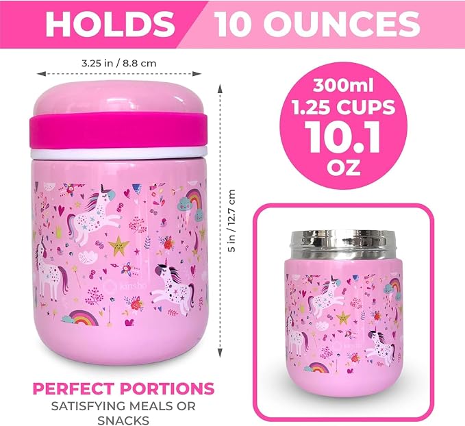 kinsho kids Bento Lunch Box Set with Thermo, Bag & Ice Pack, Pink Unicorn | 4 Compartments, Removable Tray, Small Meal or Snack Container for Girls Toddlers, Daycare & Pre-School, Steel Hot Food Jar