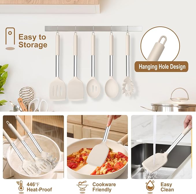 TeamFar Cooking Utensils Set, 5 PCS Silicone Kitchen Utensils, Khaki | Stainless Steel Handle for Nonstick Cookware Turning Flipping Frying Draining, Heatproof & Healthy, Nonstick & Easy Clean
