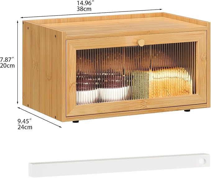 Trironsun Bamboo Bread Box with Led Light for Kitchen Counter Large Capacity Bread Storage Container Kitchen Countertop Organizer with Window Bread Holder (Natural Bamboo)
