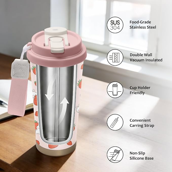 Strawberry Stainless Steel 2-in-1 Lid Coffee Tumbler 18 oz Cute Strawberries Print Insulated Travel Coffee Mug Strawberry Gifts for Women Girls Birthday Christmas