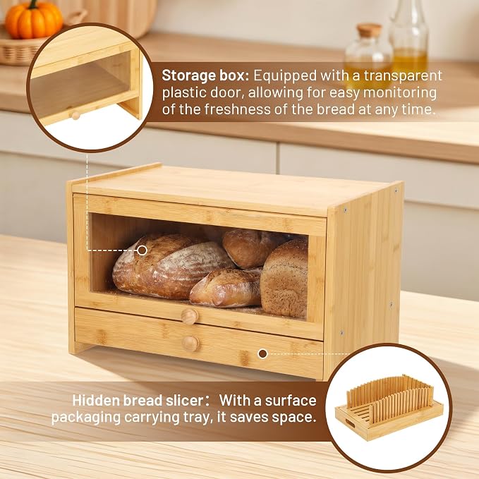 3in1 Bread Box for Kitchen Countertopm with Bread Slicer Bread Serving Tray | Bamboo Bread Storage for Homemade Bread, Bread Slicer for Homemade Bread for Slicer Storage and Bread Tray