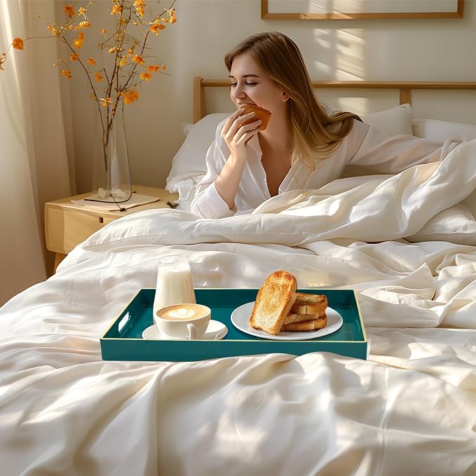 Teal Decorative Tray for Coffee Table, Serving Tray with Handles | Plastic Melamine Tray, Modern Ottoman Tray, Rectangular Countertop Organizer Tray for Living Room, 15.8"L x 10.2"W x 1.4"H