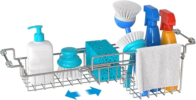 Dish Stands, Over The Kitchen Sink Caddy Sponge Holder Organizer Drying Rack Expandable for Sponge Brush Soap Dish Cloth Rag Smaller 12.25" to 17.25", Stainless Steel