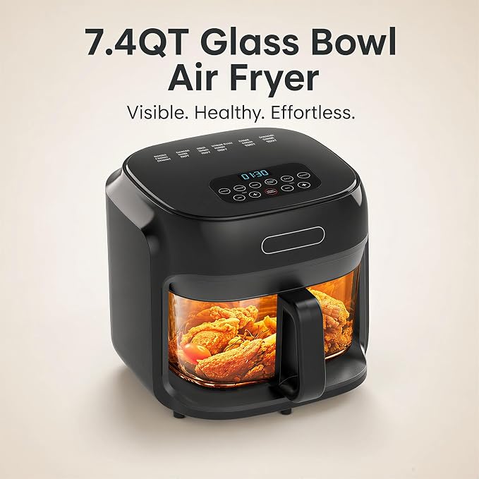 7.4QT Glass Air Fryer with Glass Basket, Black | Visible Window Lid, Digital Control, 360° Air Circulation, Oil-Free Cooking & Baking, Nonstick, Dishwasher Safe Easy Clean