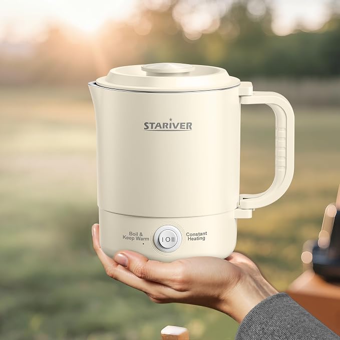 Stariver 0.6L Portable Electric Kettle, Stainless Steel Travel Kettle | Foldable Handle, Collapsible Design, Dual Power Modes, Compact for RV, Camping, Overheat & Boil-Dry Protection, Lightweight