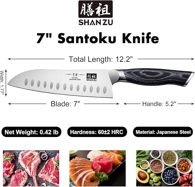 SHAN ZU 7 Inch Japanese Chef Knife, Professional Kitchen Knives | Japanese Super Steel Sharp Santoku Knife with K133 Ergonomic Handle, Black Tortoise Genbu Series