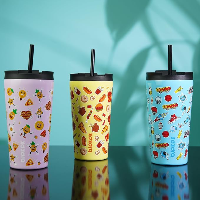 BJPKPK 22 oz Coffee Tumbler with Straw, Insulated Stainless Steel Cup | Double Wall Vacuum, Leak Proof Lid, Keeps Hot/Cold/Iced, BPA Free, Cupholder Friendly, Travel, Hawaii Fruits-Purple